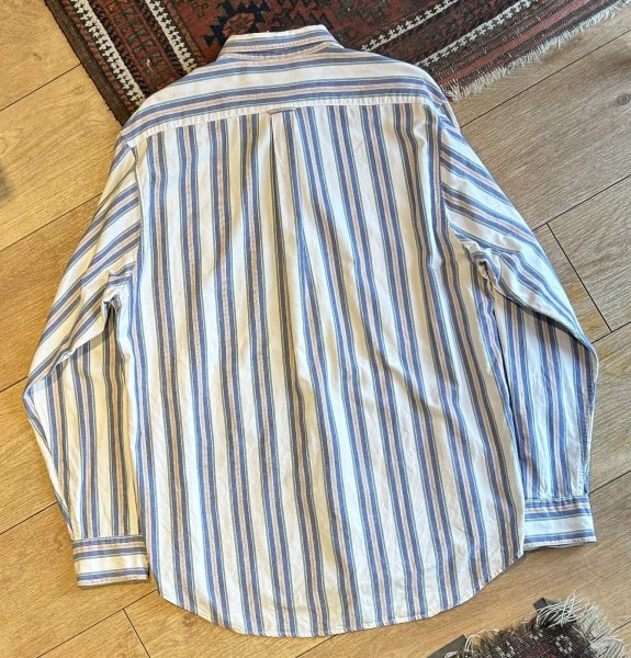 画像3:  ビンテージ【BOTON TRADERS】ボストントレーダーズ【白ｘ青ｘ黄色】ストライプ【コットン】ボタンダウンシャツ  サイズＬ  (3)