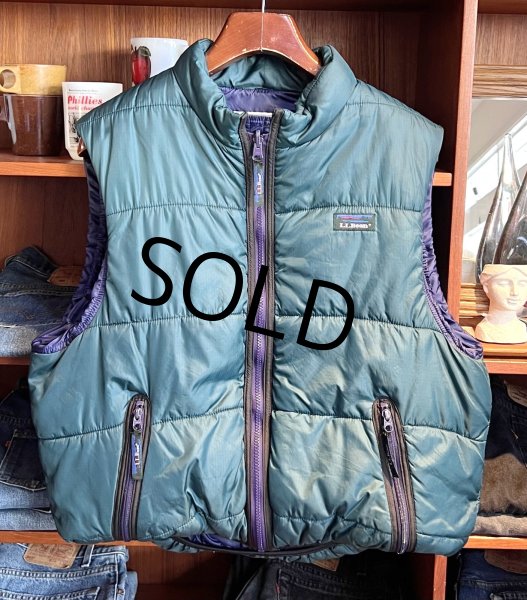 画像1: 80's【ビンテージ】【L.L.bean】【L.L.ビーン】モスグリーンｘ紫 プリマロフト【ダウンベスト】【サイズＭ程度】  (1)