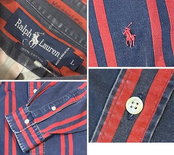 画像2:  ビンテージ【POLO RALPH LAUREN】ラルフローレン【紺ｘ赤ストライプ】【コットンシャツ】サイズL  (2)