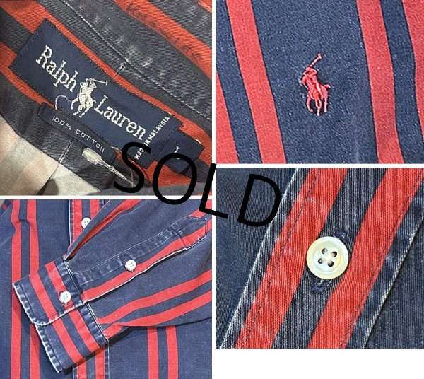 画像2:  ビンテージ【POLO RALPH LAUREN】ラルフローレン【紺ｘ赤ストライプ】【コットンシャツ】サイズL  (2)