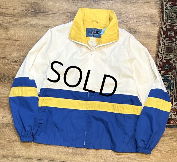 画像1: 【ビンテージ】【HAGGAR】【ハガー】白ｘ青ｘ黄【ライン】ナイロンブルゾン【ＸＬ程度】  (1)