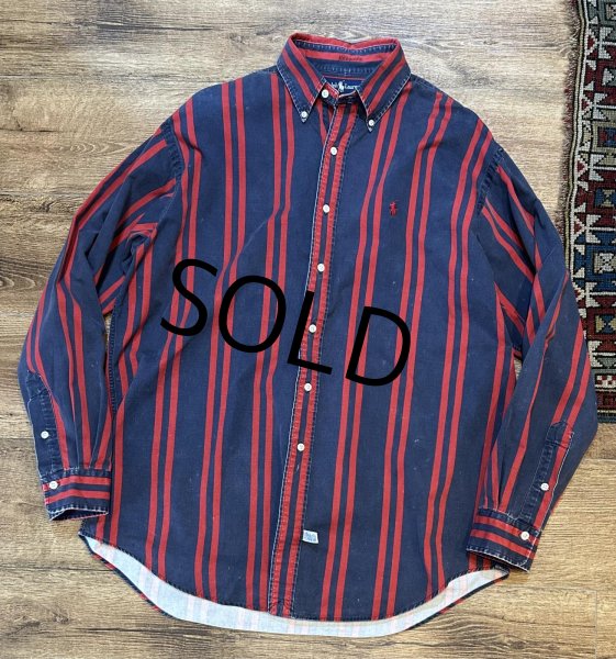 画像1:  ビンテージ【POLO RALPH LAUREN】ラルフローレン【紺ｘ赤ストライプ】【コットンシャツ】サイズL  (1)