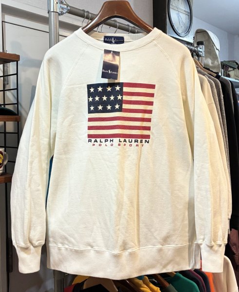 画像1: デッドストック 90's ビンテージ【ラルフローレン】POLO RALPH LAUREN【POLO SPORT】星条旗プリント【白】【スウェット】【サイズM】  (1)