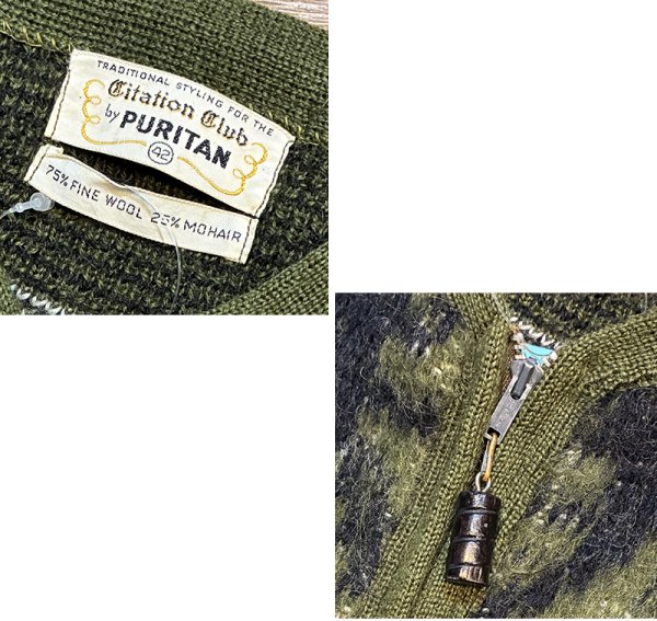 画像2: 70's~【ビンテージ】【PURITAN】ピューリタン 緑×黒×赤【アーガイル】【モヘアカーディガン】サイズ42  (2)