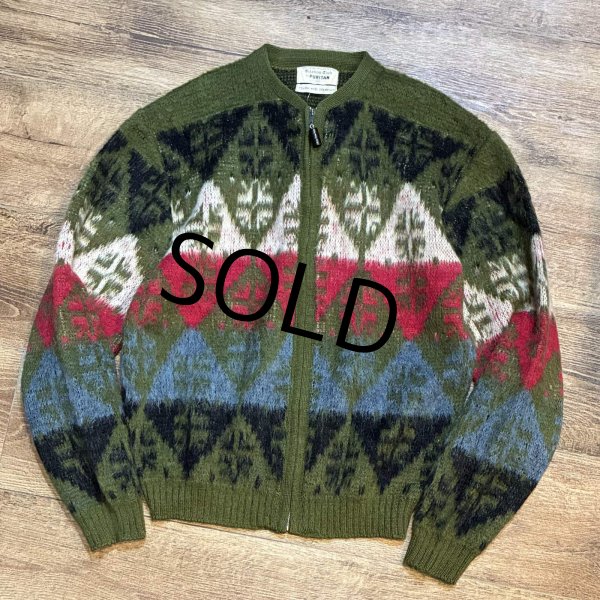 画像1: 70's~【ビンテージ】【PURITAN】ピューリタン 緑×黒×赤【アーガイル】【モヘアカーディガン】サイズ42  (1)