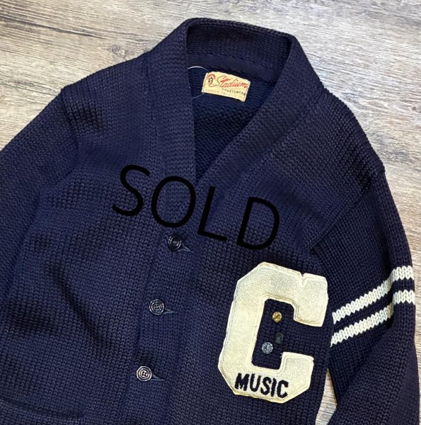 画像1: 50's【ビンテージ】【Stadium Sportswear】MUSIC【紺】【ウール】ローゲージカーディガン【レタードカーディガン】S程度  (1)