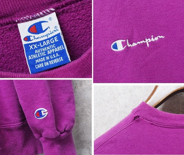 画像2: 90's【ビンテージ】【USA製】Champion【チャンピオン】【紫】無地【前Ｖ】胸ロゴ入り クルーネック【スウェット】【サイズXXL】  (2)