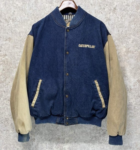 画像1: 【ビンテージ】【TURNING POINT】ターニングポイント CATERPILLAR【キャタピラー】デニムｘベージュ 袖切替【スタジャン】【サイズＬ】  (1)