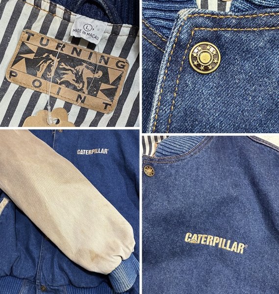 画像2: 【ビンテージ】【TURNING POINT】ターニングポイント CATERPILLAR【キャタピラー】デニムｘベージュ 袖切替【スタジャン】【サイズＬ】  (2)