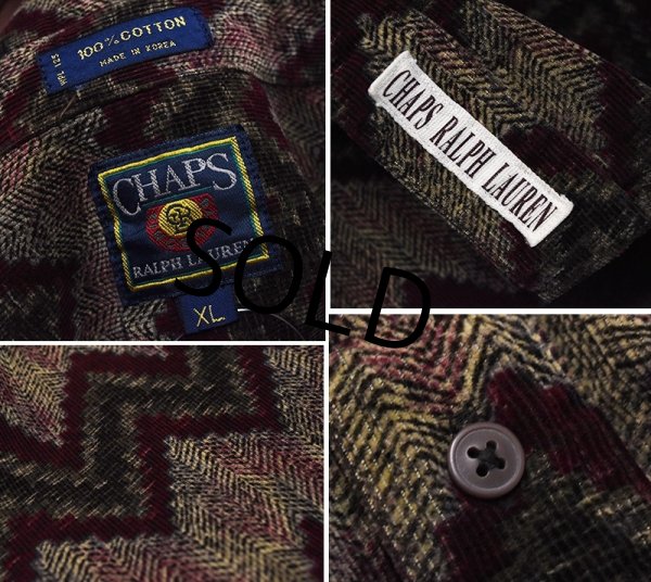 画像2: 【CHAPS】チャップス【ラルフローレン】【POLO ralph lauren】【エンジ×緑】模様プリント ボタンダウン【コーデュロイシャツ】【サイズXL】  (2)