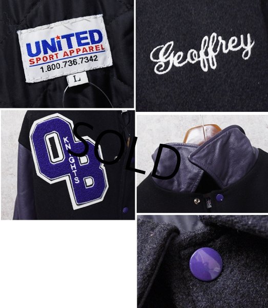 画像2: UNITED SPORT APPAREL【ビンテージ】【黒メルトンｘ紫レザー】【OLD BRIDGE】【スタジャン】【サイズL】  (2)