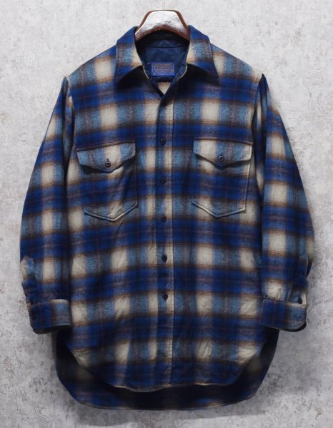 画像1: 程度良好!! 〜80's【USA製】【ビンテージ】【ペンドルトン】Pendleton【青ｘベージュ】【シャドーチェック】【ウールシャツ】【サイズＭ】  (1)