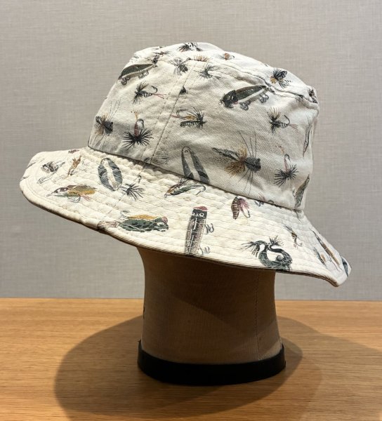 画像7: 程度良好!! USA製【ビンテージ】生成りｘルアー 総柄【コットン】毛ばり 釣り【バケットハット】【サイズM】  (7)