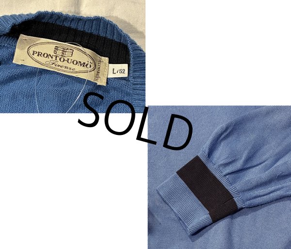 画像2: 90's【イタリー製】ビンテージ【PRONTO UOMO】プロントウォモ【青ｘ紺ライン】コットンｘレーヨン Vネックセーター 【サイズL】   (2)