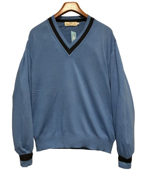 画像1: 90's【イタリー製】ビンテージ【PRONTO UOMO】プロントウォモ【青ｘ紺ライン】コットンｘレーヨン Vネックセーター 【サイズL】   (1)
