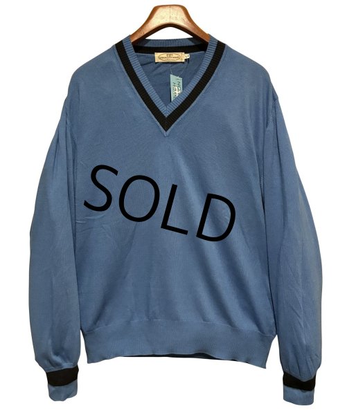 画像1: 90's【イタリー製】ビンテージ【PRONTO UOMO】プロントウォモ【青ｘ紺ライン】コットンｘレーヨン Vネックセーター 【サイズL】   (1)