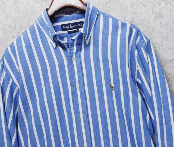 画像4: ビンテージ【ラルフローレン】POLO ralph lauren  青ｘ白 ストライプ ボタンダウン【コットンシャツ】【US 16 1/2-34】  (4)