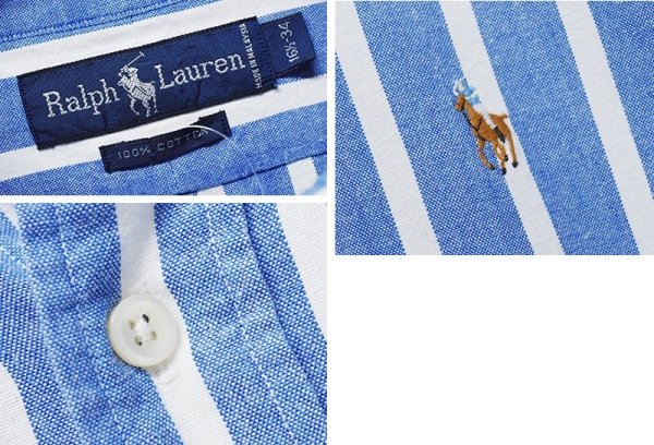 画像2: ビンテージ【ラルフローレン】POLO ralph lauren  青ｘ白 ストライプ ボタンダウン【コットンシャツ】【US 16 1/2-34】  (2)