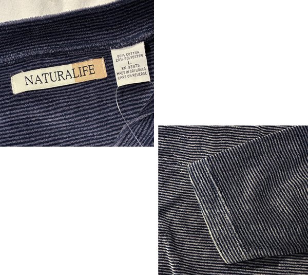 画像2: ビンテージ【NATURALIFE】ネイビーｘ紫【マイクロボーダー】【ベロア】【ＶネックロンＴ】【サイズＬ】  (2)