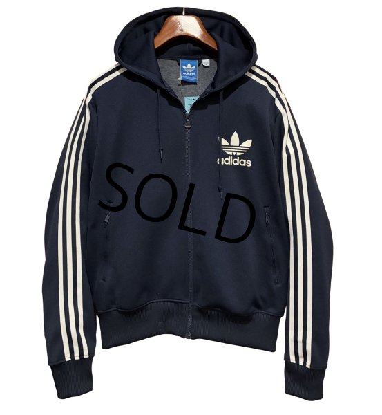 画像1: 【ビンテージ】【アディダス】adidas【紺×白ライン】フード付き ジャージ【トラックジャケット】【トラックジャージ】【サイズM】  (1)