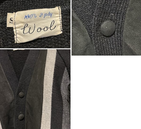 画像2: 70’s ビンテージ【WOOL】ウール【スエードｘグレーｘチャコールｘ白】ライン 黒 カーディガン【サイズＳ】  (2)