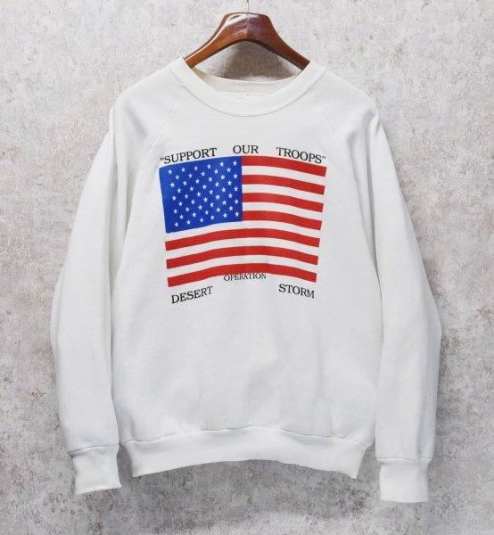 画像1: 90’s【USA製】【ビンテージ】【フルーツオブザルーム】FRUIT OF THE LOOM 湾岸戦争【Support our troops】星条旗【白】【スウェット】【サイズL】  (1)
