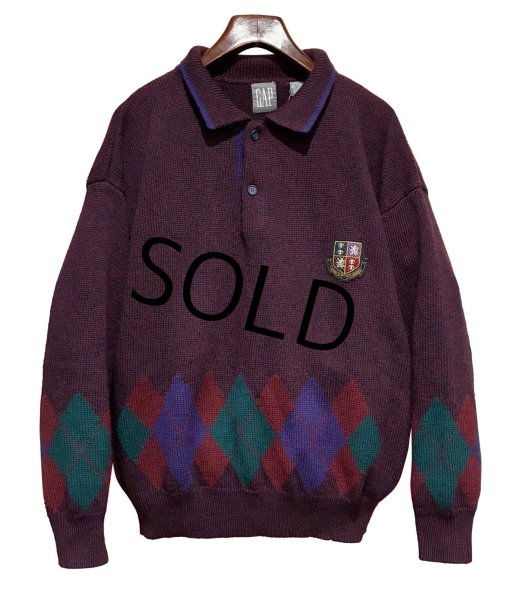 画像1: 90's~【ビンテージ】【オールドギャップ】【GAP】【ワインマーブル×アーガイル】【ヘンリーネックセーター】ウールセーター【サイズXL】  (1)