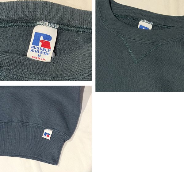 画像2: 90'ｓ【USA製】【RUSSELL】ラッセル 【ビンテージ】モスグリーン【無地】【クルーネック】前V スウェット【サイズM】  (2)