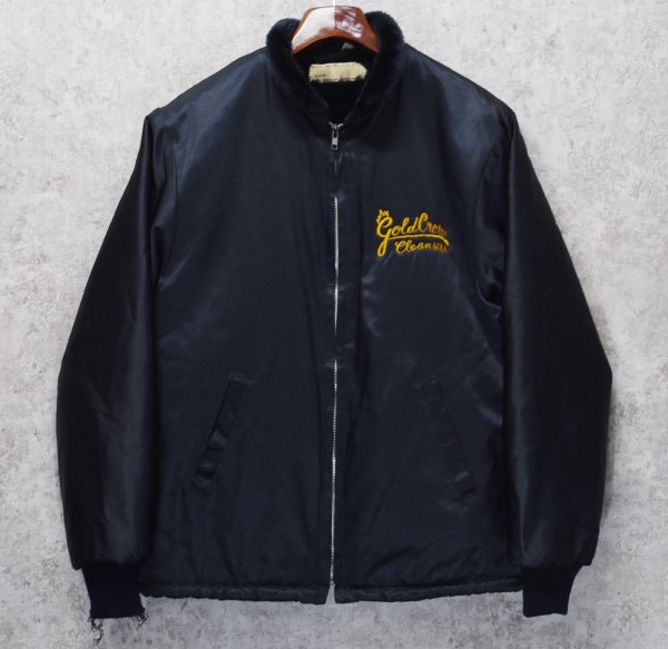 画像1: ~80’s【USA製】【ビンテージ】GOLD CROWN【ゴールドクラウン】スタンドカラー 立ち襟 裏ボア付きサテンジャケット サテンブルゾン【サイズＬ】  (1)