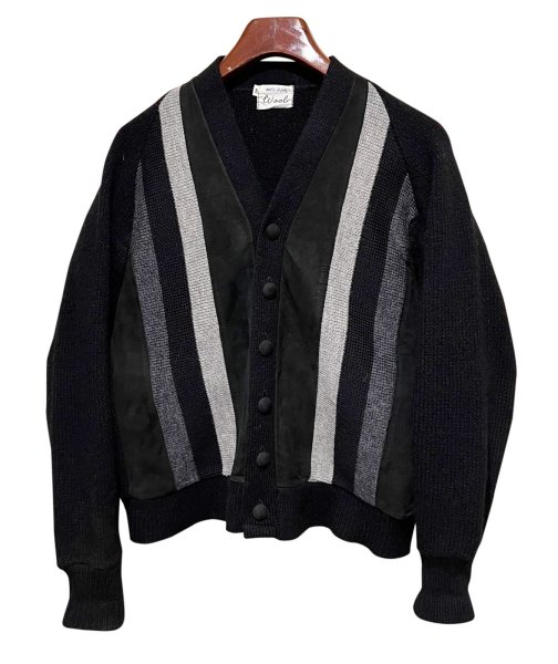 画像1: 70’s ビンテージ【WOOL】ウール【スエードｘグレーｘチャコールｘ白】ライン 黒 カーディガン【サイズＳ】  (1)