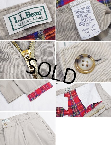 画像2: ~90's【USA製】【ビンテージ】【L.L.Bean】【エルエルビーン】【裏地赤チェック】【コットンパンツ】2タック【カーキ】【34×34】  (2)