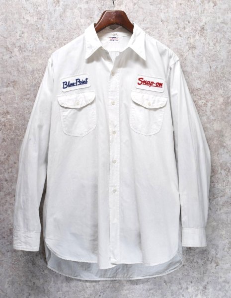 画像1: 50's ビンテージ 【Lee】リー【白】Snap on tools【HBT生地】マチ付き【ワークシャツ】HBTシャツ【サイズ16 Long】   (1)