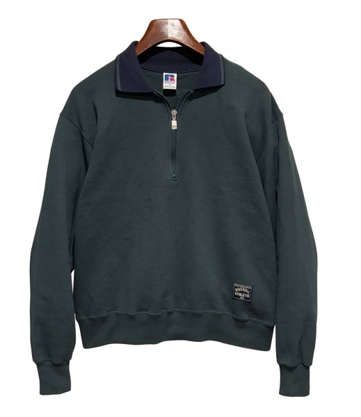 画像1: 90'ｓ【USA製】【RUSSELL】ラッセル 【ビンテージ】モスグリーンｘ襟紺【無地】【ハーフジップ】襟付き スウェット【サイズM】  (1)