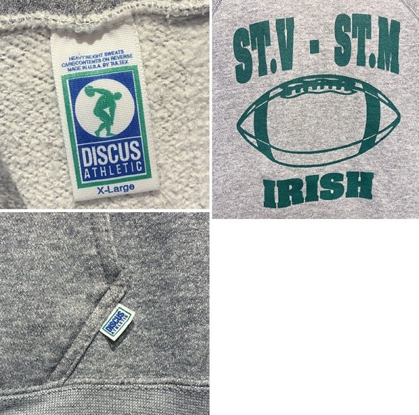 画像2: 90’ｓ〜 USA製【ビンテージ】DISCUS ATHLETIC【ディスカスアスレチック】ST.V・ST.M IRISH フットボール【グレー】【パーカー】【サイズXL】  (2)