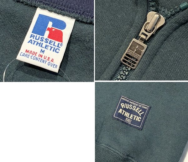 画像2: 90'ｓ【USA製】【RUSSELL】ラッセル 【ビンテージ】モスグリーンｘ襟紺【無地】【ハーフジップ】襟付き スウェット【サイズM】  (2)