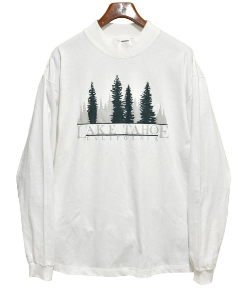 画像1: ほぼ未使用【USA製】【cottton deluxe】コットン・デラックス【白】LAKE TAHOE【凹凸プリント】【モックネックロンT】【サイズXL】  (1)