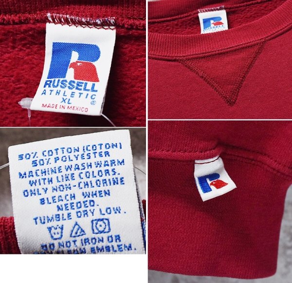 画像2: 00'ｓ【メキシコ製】【RUSSELL】ラッセル 【ビンテージ】エンジ【無地】【クルーネック】前V スウェット【サイズXL】  (2)