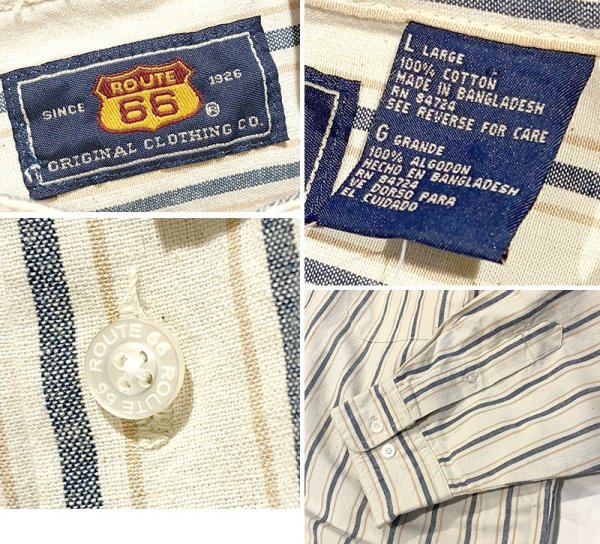 画像2: デッドストック【ビンテージ】【ROUTE 66】ルート66【ストライプ柄】バンドカラー【コットンシャツ】【サイズＬ】  (2)