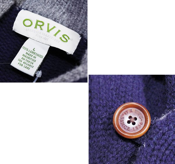 画像2: ビンテージ【ORVIS】オービス【紺×首元グレー】【ラムズウール】ショールカラーカーディガン【ウールカーディガン】【サイズＬ】  (2)