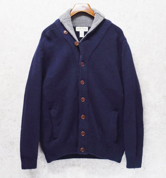 画像1: ビンテージ【ORVIS】オービス【紺×首元グレー】【ラムズウール】ショールカラーカーディガン【ウールカーディガン】【サイズＬ】  (1)