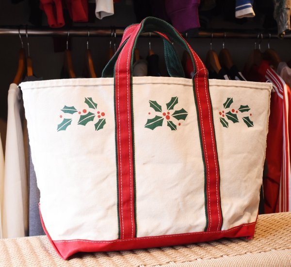 画像1: 【80’s】【ビンテージ】【L.L.bean】【エルエルビーン】生成り×赤ｘ緑【ヒイラギ】【キャンバス】【トートバッグ】【キャンバストート】  (1)