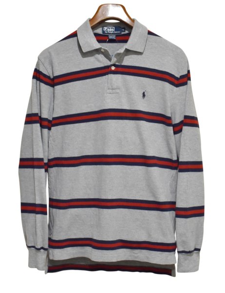 画像1: ビンテージ【ラルフローレン】 【POLO ralph lauren】【グレーｘ赤ｘ紺】【ボーダー】長袖【ロングスリーブシャツ】【ポロシャツ】 【サイズS】   (1)