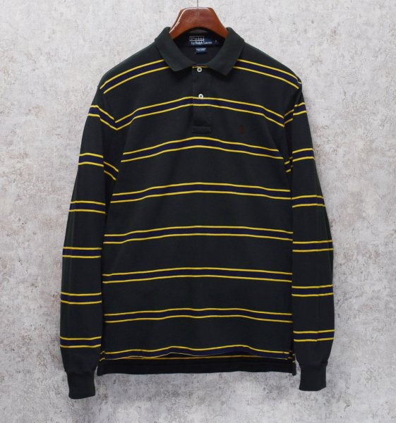 画像1: ビンテージ【ラルフローレン】 【POLO ralph lauren】【緑ｘ紺ｘ黄色】ボーダー【長袖ポロシャツ】 【サイズＳ】   (1)