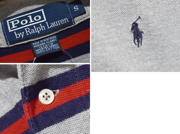画像2: ビンテージ【ラルフローレン】 【POLO ralph lauren】【グレーｘ赤ｘ紺】【ボーダー】長袖【ロングスリーブシャツ】【ポロシャツ】 【サイズS】   (2)