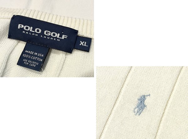 画像2: 程度良好!! 90's USA製 POLO GOLF ポロゴルフ【ビンテージ】【ラルフローレン】【白】ハリヌキ【コットンニットベスト】胸ロゴ入り【サイズXＬ】  (2)