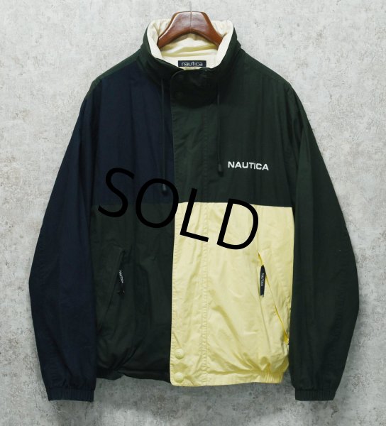 画像1: 90's【ビンテージ】【nautica】【ノーティカ】【緑ｘ紺ｘ白 切替】ｘ【生成り】リバーシブル  コットン ジップアップブルゾン【サイズL程度】  (1)