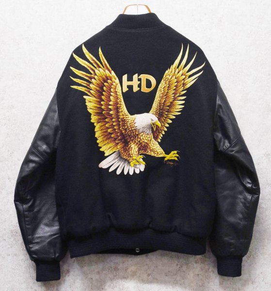 画像1: 90’ｓ~【USA製】【HEAVY DUTY】ビンテージ【鷲】ワシ バックプリント【メルトンｘレザー】【黒】【スタジャン】【サイズXL】  (1)