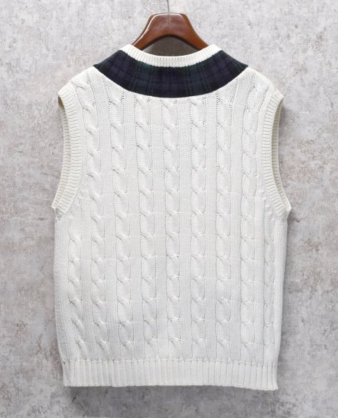 画像3: 90's~ ビンテージ【オールドGAP】ギャップ【白×襟ブラックウォッチ】【ケーブル編み】Vネック【コットンニットベスト】【サイズL】  (3)