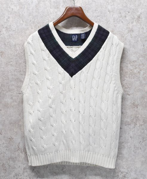 画像1: 90's~ ビンテージ【オールドGAP】ギャップ【白×襟ブラックウォッチ】【ケーブル編み】Vネック【コットンニットベスト】【サイズL】  (1)