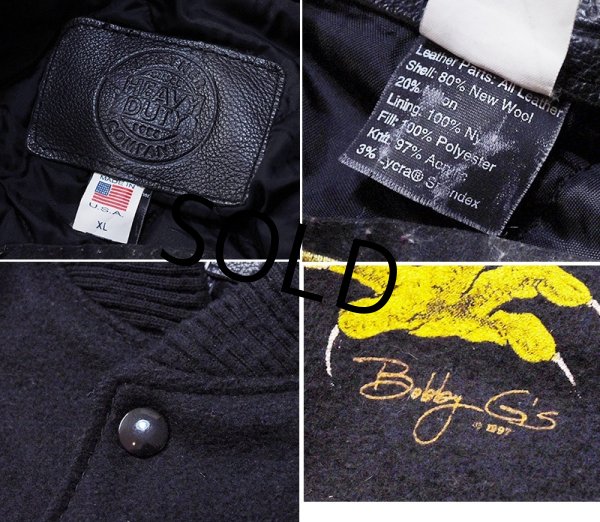 画像2: 90’ｓ~【USA製】【HEAVY DUTY】ビンテージ【鷲】ワシ バックプリント【メルトンｘレザー】【黒】【スタジャン】【サイズXL】  (2)